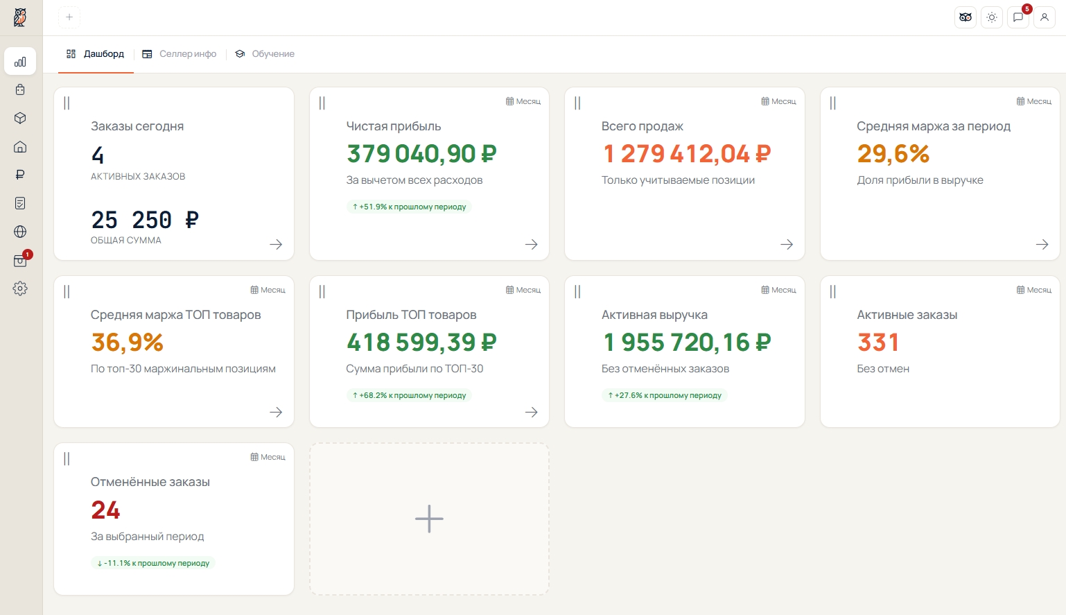 Конструктор дашборда OWLS Seller: виджеты заказов, выручки, маржи и ТОП-товаров можно расставлять под себя