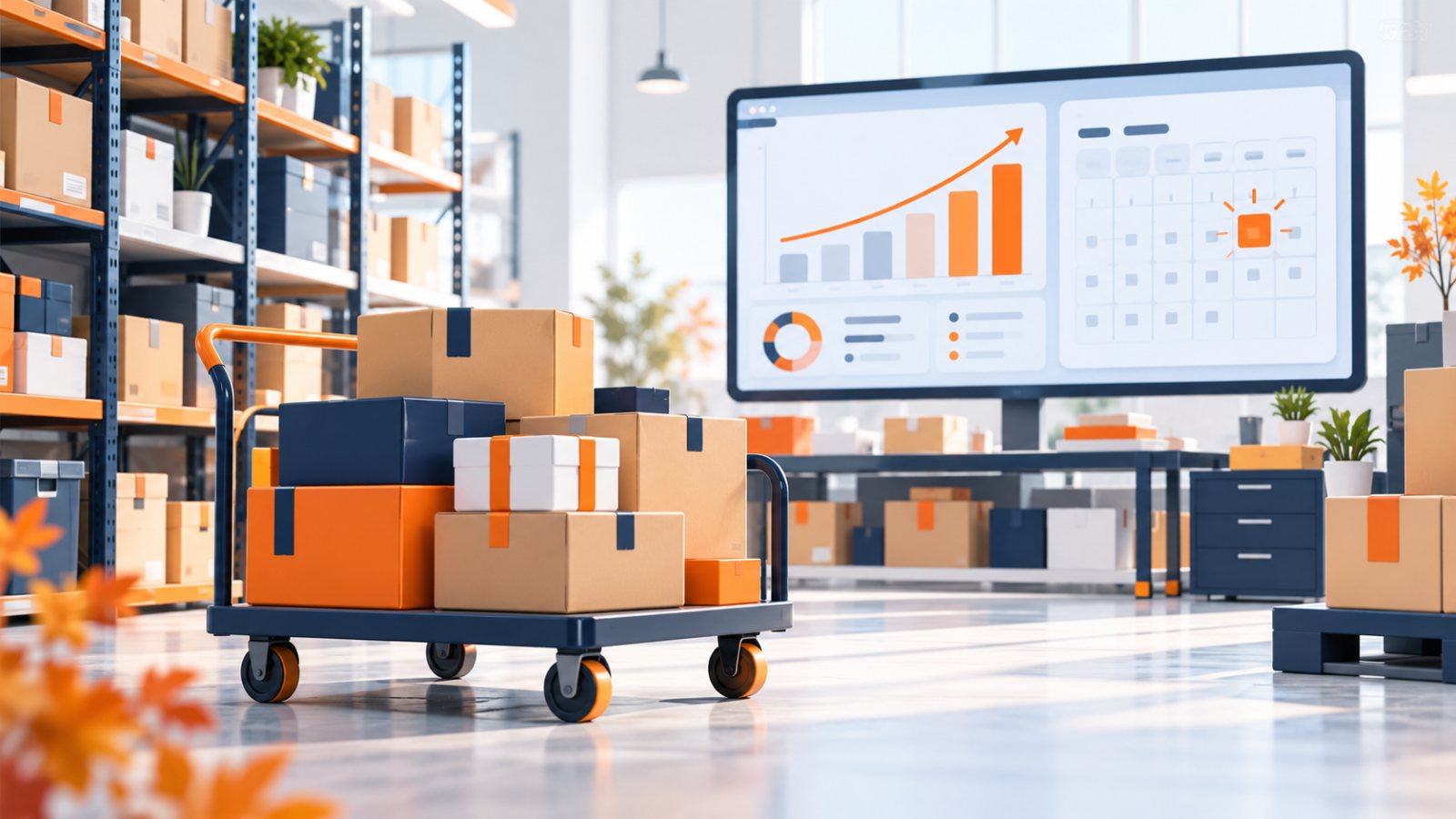 Склад продавца маркетплейса перед распродажей 11.11: коробки, тележка с заказами и график продаж